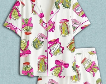 Pickle Lover Pajama Set with Pink Bows, Satin Pajama Pickle Lover Bow Nightwear Women Gift, Sleepwear Pickle Set