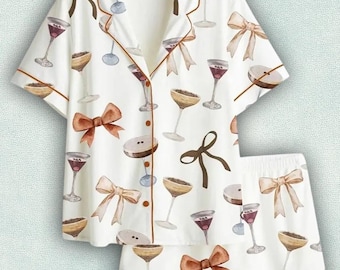 Espresso Martini Coquette Bow Satin Pajama Set, Martinii Pajamas Espresso Y2K pja Shirt, Halloween Nightwear Set, Christmas Set Homewear