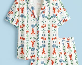 La Dolce Vita Lobster New England Coastal Fisherman Long Sleeve Satin Pajama Set Adults, Lobster Summer England Sleepwear Set Gifts Family