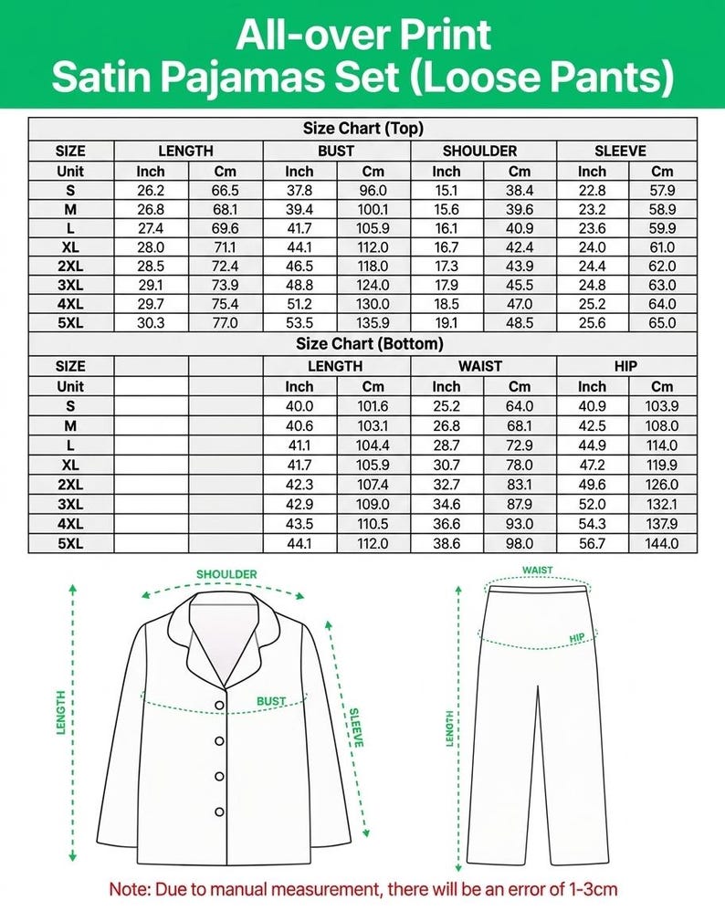 May include: An all-over print satin pajamas set size chart featuring a top and loose pants. The chart includes detailed measurements in inches and centimeters for sizes S through 5XL, covering length, bust, shoulder, sleeve, waist, and hip dimensions.