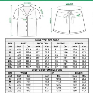 May include: A size guide for an all-over print satin short-sleeve pajamas set without pockets, featuring loose shorts. The graphic includes line drawings of a button-down shirt and shorts with waist ties, alongside detailed tables listing measurements in inches.