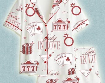 Lucky In Love Bachelorette Casino Party Los Vegas Martini Satin Pajama Set, Vacation Bachelorette Pajama, Lover Casino Xmas Merry Sleepwear