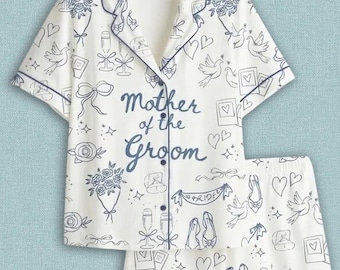 Conjunto de pijama azul toile para la madre del novio – Pijama de regalo para la fiesta nupcial, pijama único con diseño, regalo de pijama para ella, regalo de pijama para mamá