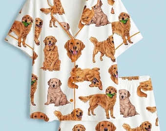 Women’s Golden Retriever Pajama Set, Dog Lover Short Sleeve Satin PJs, Cute Cozy Sleepwear, Perfect Gift for Dog Moms