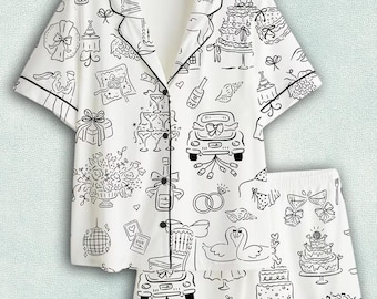 Women’s Hand Drawn Whimsical Wedding Illustrations Satin Pajama Set, Bride Short Sleeve PJs, Bridal Shower & Bachelorette Sleepwear