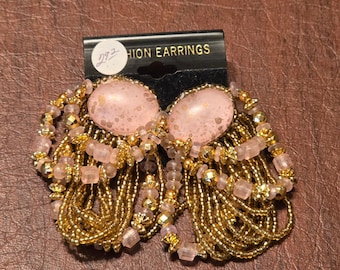 Vintage Pink Gold Perlen Statement Ohrringe Oval Cabochon Multi Strang Quaste