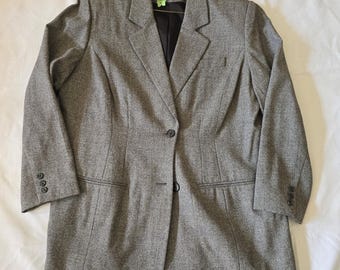 Chaqueta tipo blazer vintage Chaus para mujer, gris jaspeado texturizado, con dos botones, talla 16.