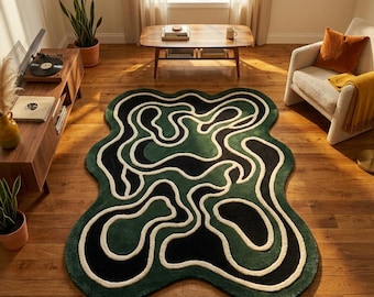 Alfombra de lana tejida a mano, alfombra abstracta de forma orgánica verde, alfombra moderna de área irregular, alfombra de lana de Nueva Zelanda personalizada, lujo 5x8/6x9/8x10/9x12