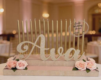 Blush Pink & Champagne Gold Candelabra | Personalized Quinceañera, Sweet 16, or Bat Mitzvah Centerpiece