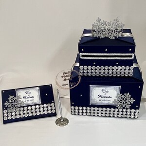 Navy Blue and Silver Winter themed Card Box and Guest Book with Pen with Snowflakes