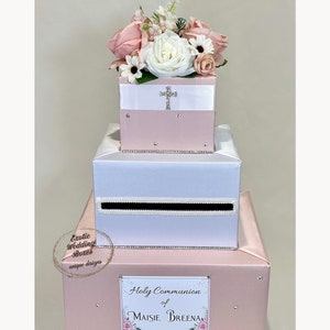 Scatola per biglietti per la Santa Comunione/Battesimo/Battesimo - Rosa cipria e bianco