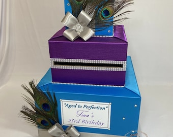 Peacock themed Card Box with Rhinestones and Peacock Feathers