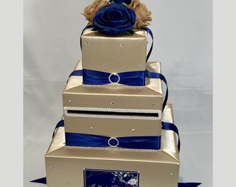 Champagne and Navy blue Card Box-Flowers, Rhinestone accents