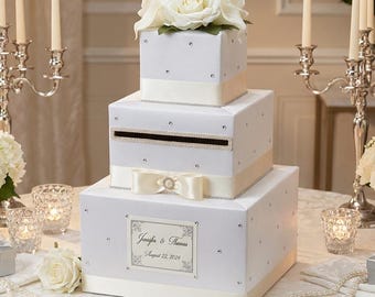 Elegant White Rose Wedding Card Box | Stacked Gift Card Holder