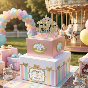 Carousel Carnival Card Box | Kids Birthday Party Decor with Carousel Topper