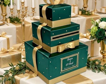 Emerald Green & Gold Wedding Card Box and Guest Book | Gold Rhinestones