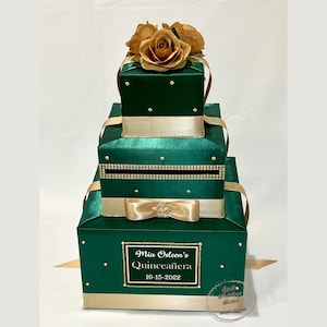 Emerald Green and Champagne Gold Card Box with Silk Flower Topper