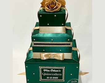 Emerald Green and Champagne Gold Card Box with Silk Flower Topper