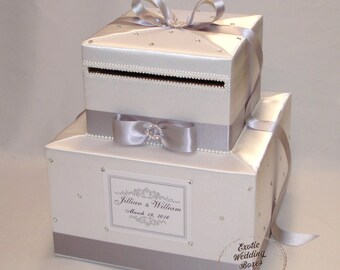 Two Tier White Card Box with Silver Ribbon and Bow-Rhinestone accents