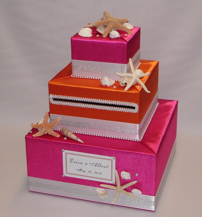 Hot Pink Orange Beach Theme Wedding Card Box Any Color Can Be Made