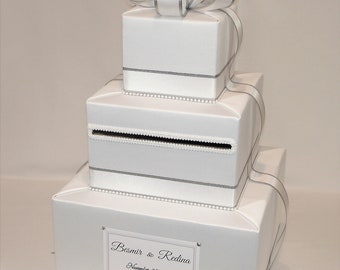White Wedding Card Box with Silver edge White ribbon