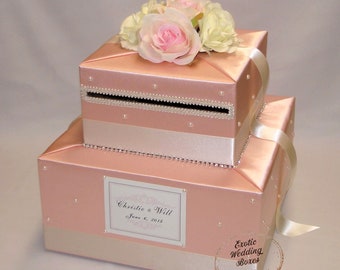 Shabby Chic theme Peach/Ivory/Pale Pink Wedding Card box- pearl accents