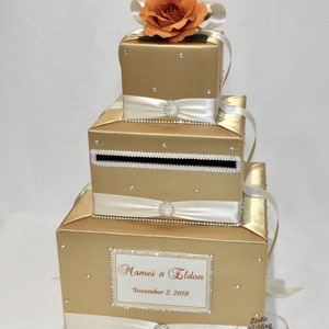 Automne, boîte pour cartes de mariage automne, porte-cartes en or et ivoire avec décoration rose orange brûlé