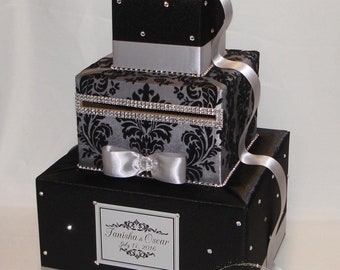 Black and Silver (Gray)  Damask Card Box-Rhinestone accents