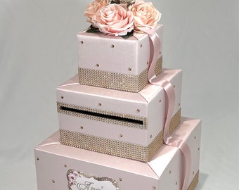 Blush Pink and Light Gold Card Box with Rhinestone Number Topper