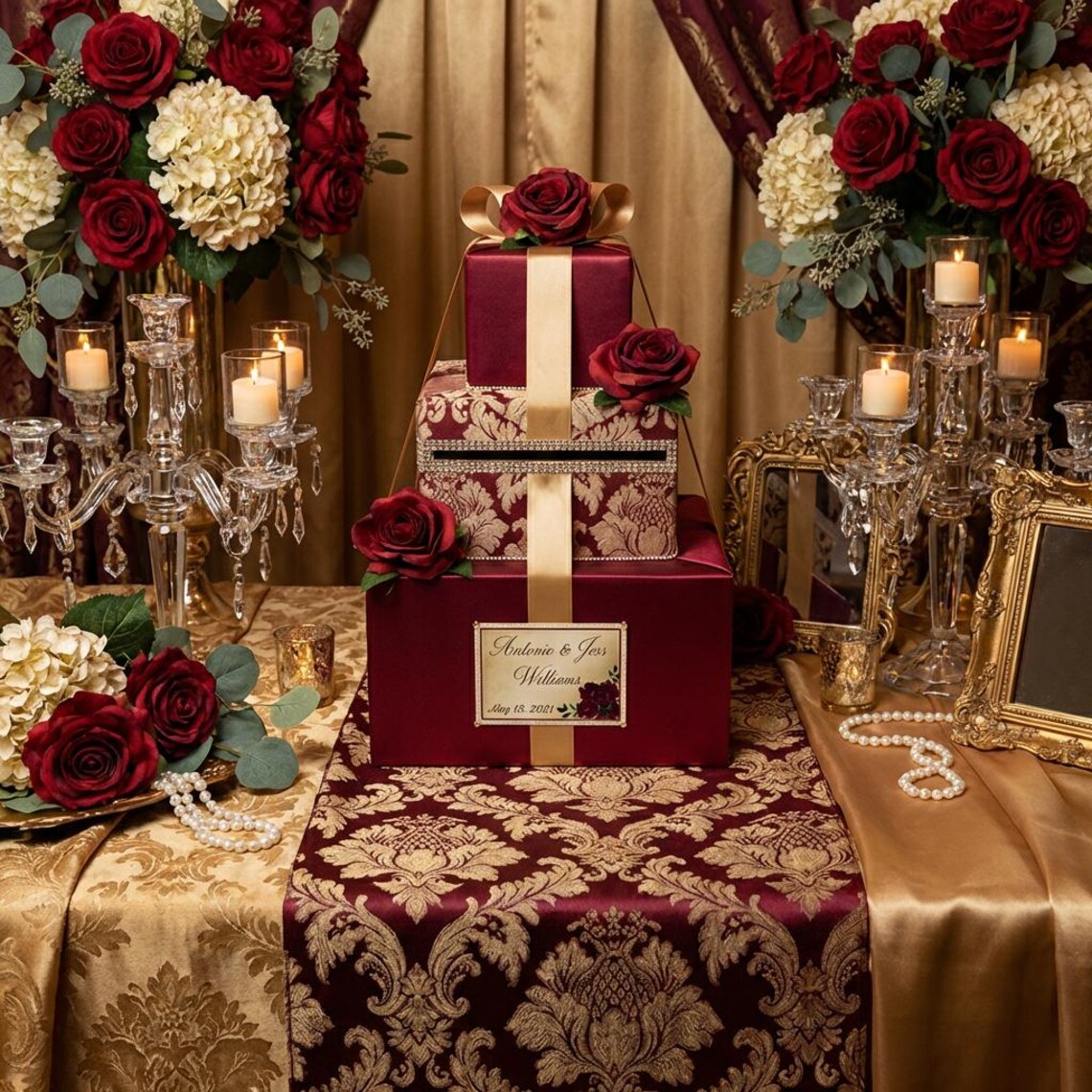 Burgundy and Gold Damask Wedding Card Box, Gold Rhinestone Decor - Etsy