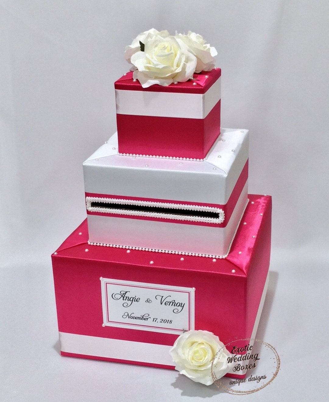 Fuchsia and White Wedding Card Box With White Roses and Pearls - Etsy