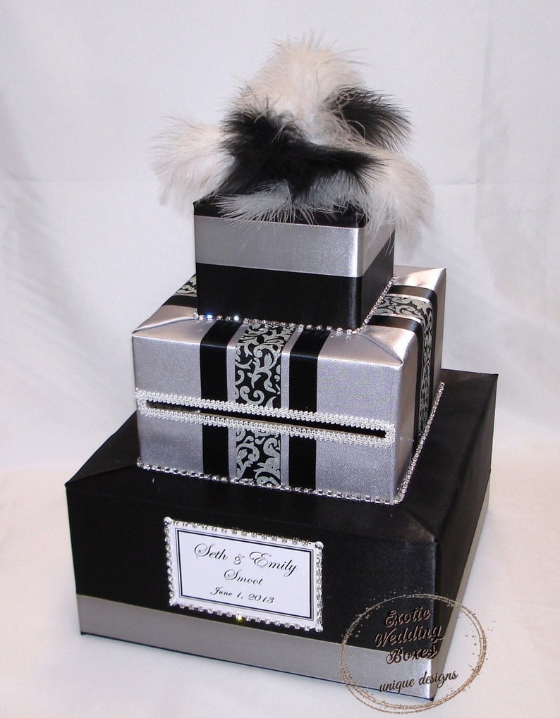 Silver and Black Wedding Card Box-rhinestones feather topper image 1