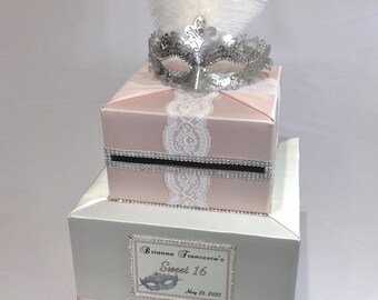 Ivory and Blush Pink Masquerade themed Card Box, Sweet 16, Quinceanera, Birthday