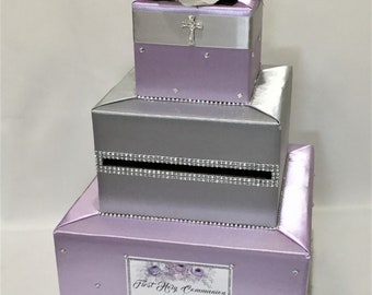 Holy First Communion Card Box/Card Holder -Lavender and Silver colors-Rhinestone Cross and Flower Topper