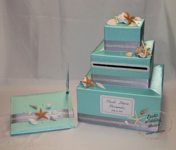 Aqua With Silver Ribbon Beach Theme Wedding Card Box And Matching Guest Book And Pen Sea Shells Starfish Accents
