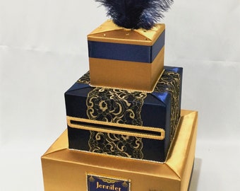 Roaring 20s , Great Gatsby theme Wedding Card Box - Gold and Navy Blue