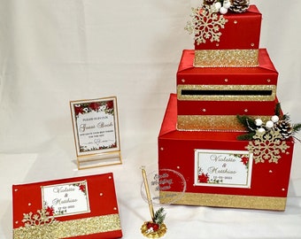 Christmas, Winter themed Card Box and matching Guest Book with Pen and Sign