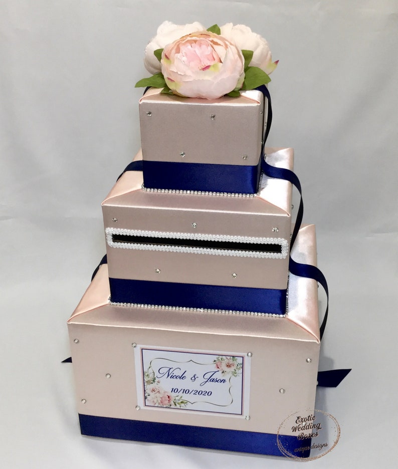 Blush Pink and Navy Blue Wedding Card Box with Blush Pink Peonies 画像 1