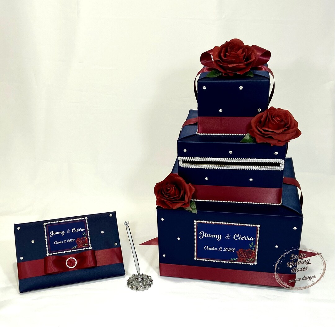 Navy Blue & Burgundy Wedding Card Box | Guest Book and Pen - Etsy Australia