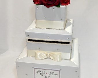 Ivory/Cream Wedding Card Box, Card Holder with Red Roses and Rhinestones/Crystals