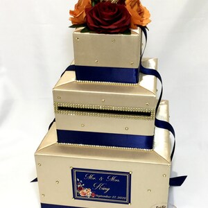 Champagner, Marine-Blau-Hochzeits-Karten-Box mit gebrannter Orange und Burgunder-Blumen-Herbstthema, Herbsthochzeit