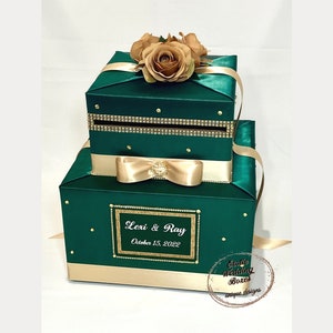 Emerald Green and Champagne Gold Wedding Card Box, Gold Rhinestones, Champagne Gold Roses