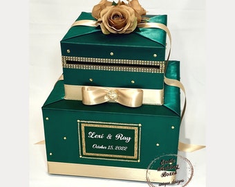 Emerald Green and Champagne Gold Wedding Card Box, Gold Rhinestones, Champagne Gold Roses