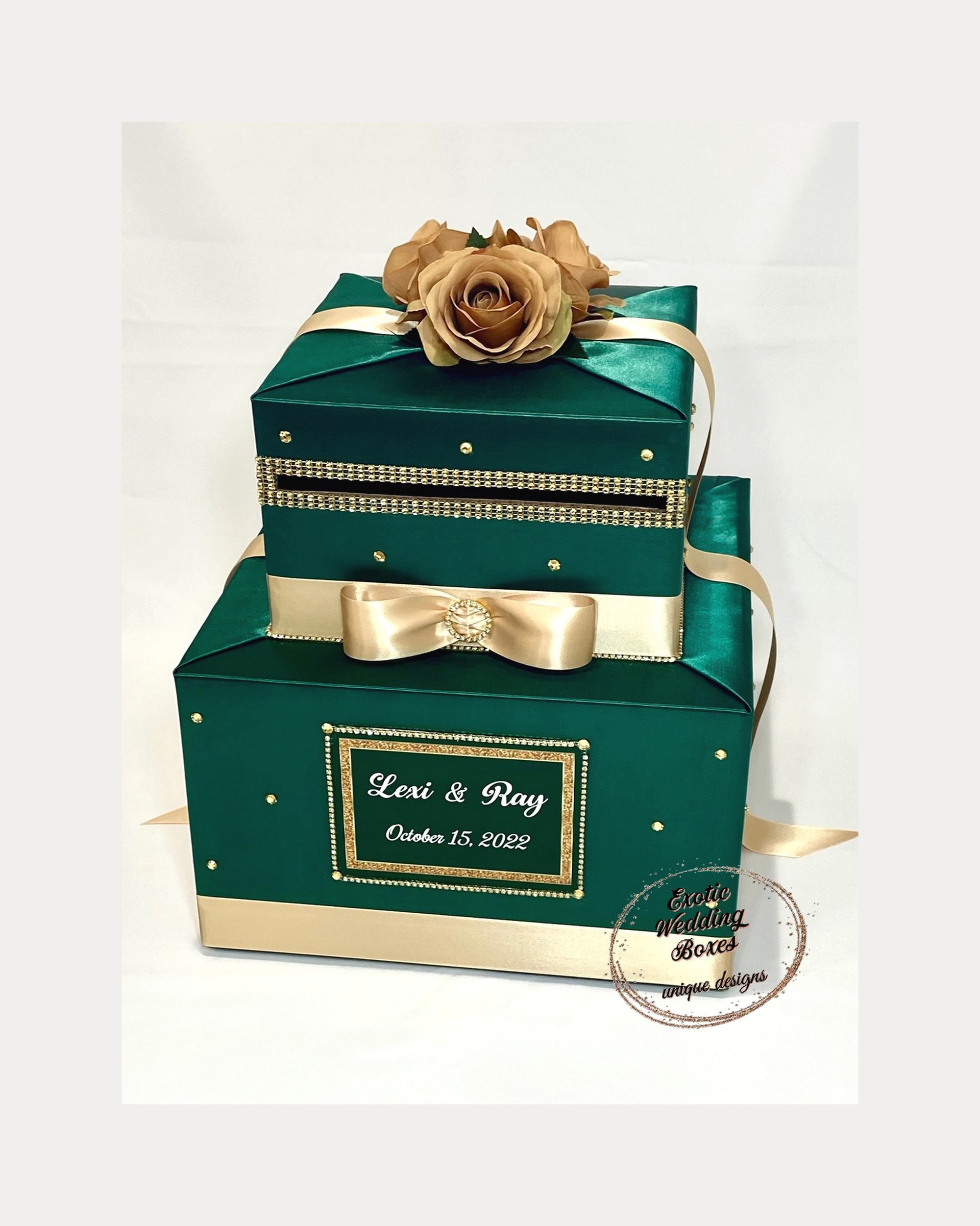 Emerald Green Wedding Card Box, Champagne Gold Roses & Rhinestones - Etsy