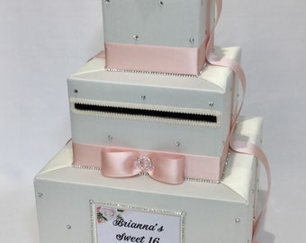 Ivory and Blush Pink Card Box with Silk Blush Roses and Rhinestone accents
