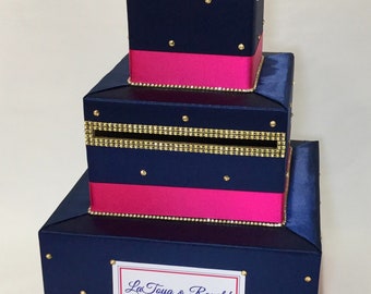 Navy Blue and Fuchsia Wedding Card Box with Fuchsia Flowers and Gold Rhinestones