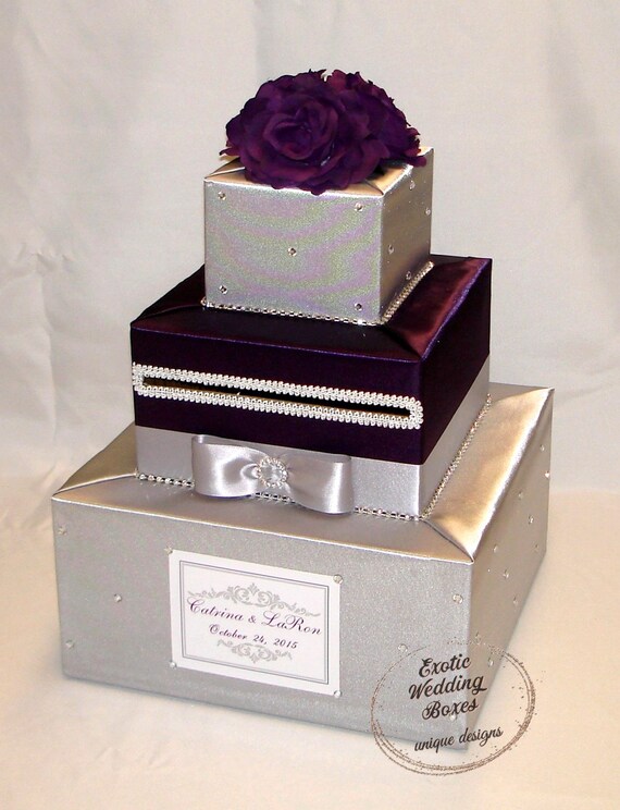 Silver And Eggplant Wedding Card Box Rhinestones Flowers Etsy