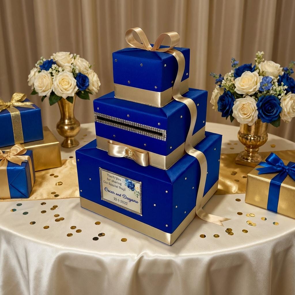 Royal Blue & Champagne Gold Wedding Card Box, Elegant Gift Card Holder ...