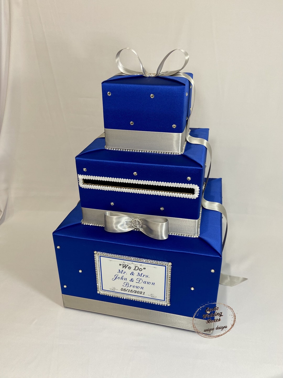 Wedding card box,white,Wedding decoration,two tiers,custom,silver,holds 80  cards