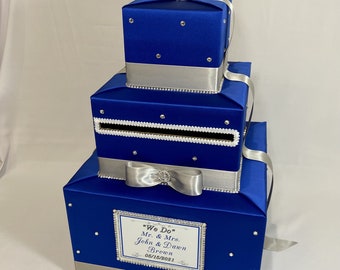 Royal Blue and Silver Wedding Card Box-Rhinestone accents